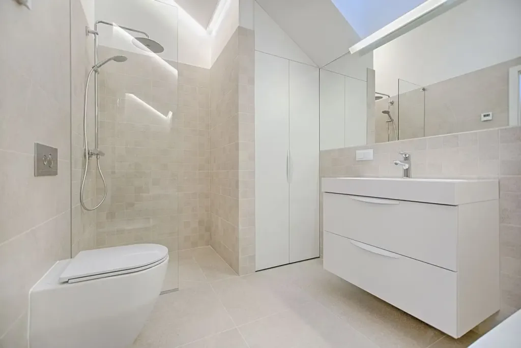 thompson-building-co-sydney-newcastle-luxury-bathroom-renovation-hero-bg High-end bathroom renovation with floating double vanity, grey floor-to-ceiling tiles, and glass shower built by Thompson Building Co in Sydney and Newcastle.